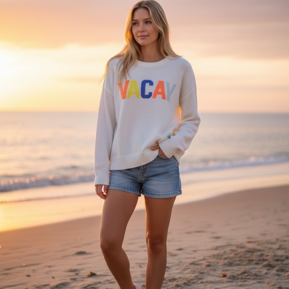 Workshop Republic Clothing White Sweater with Multicolor VACAY Letters